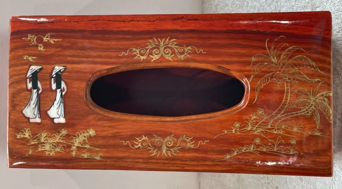 VINTAGE ASIAN WOODEN HAND CARVED TISSUE BOX COVER W/ INLAY DESIGN & SLIDING TRAY | eBay