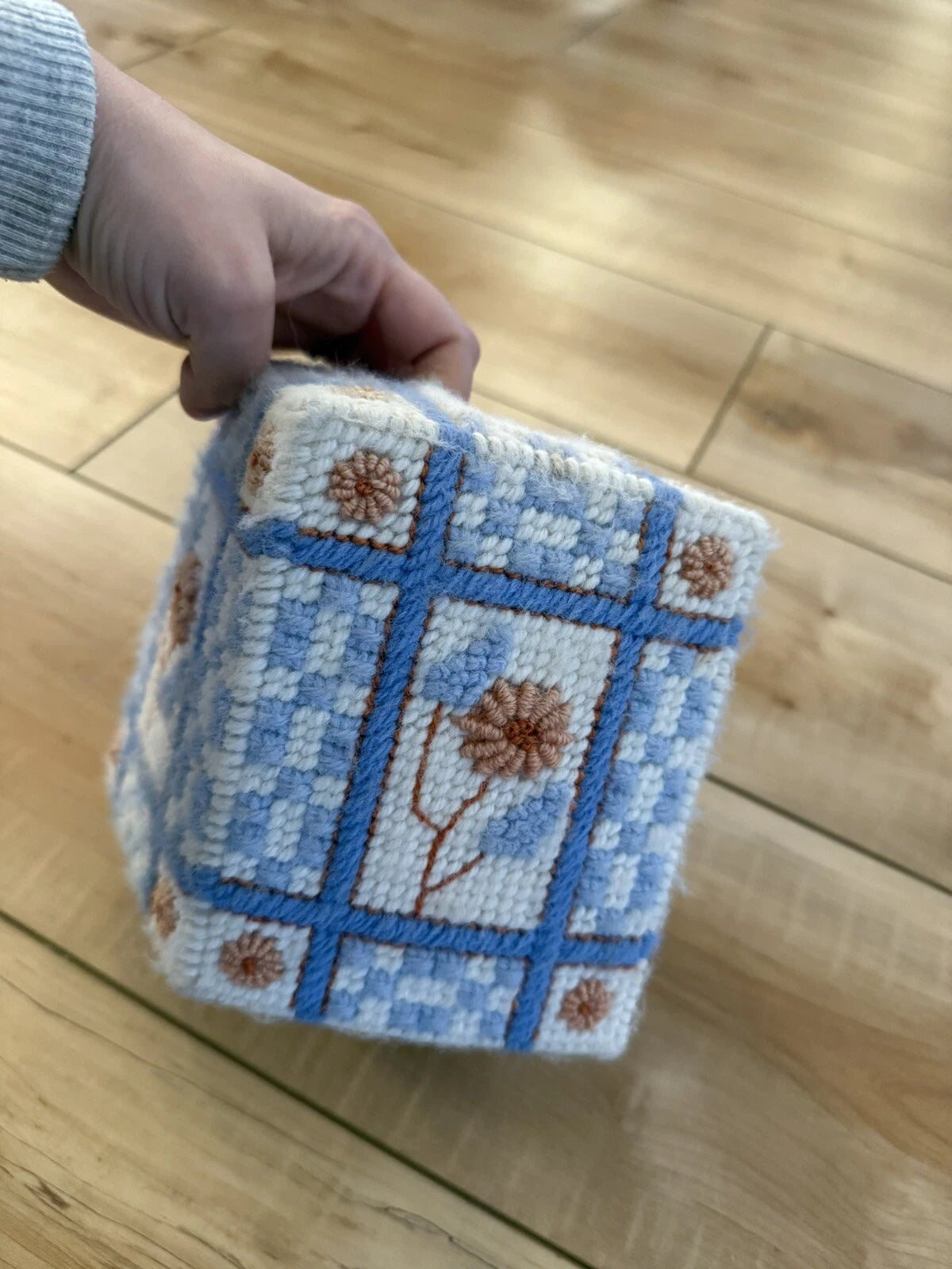 Vintage Handmade Needlepoint Pink Floral Tissue Box Cover Blue Peach Cottage | eBay