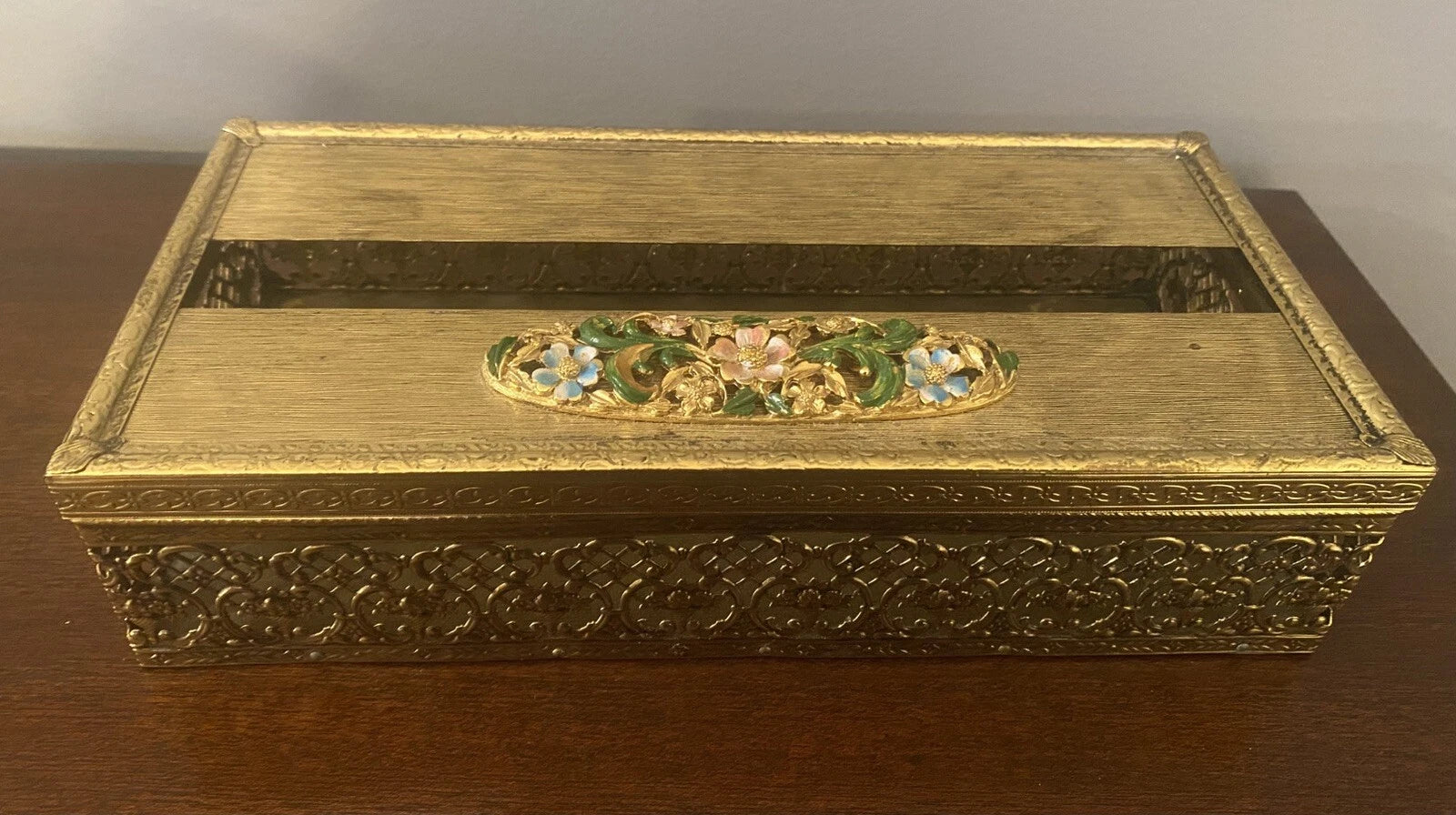 Vintage Gold Metal Hinged Tissue Box Filigree Flowers | eBay
