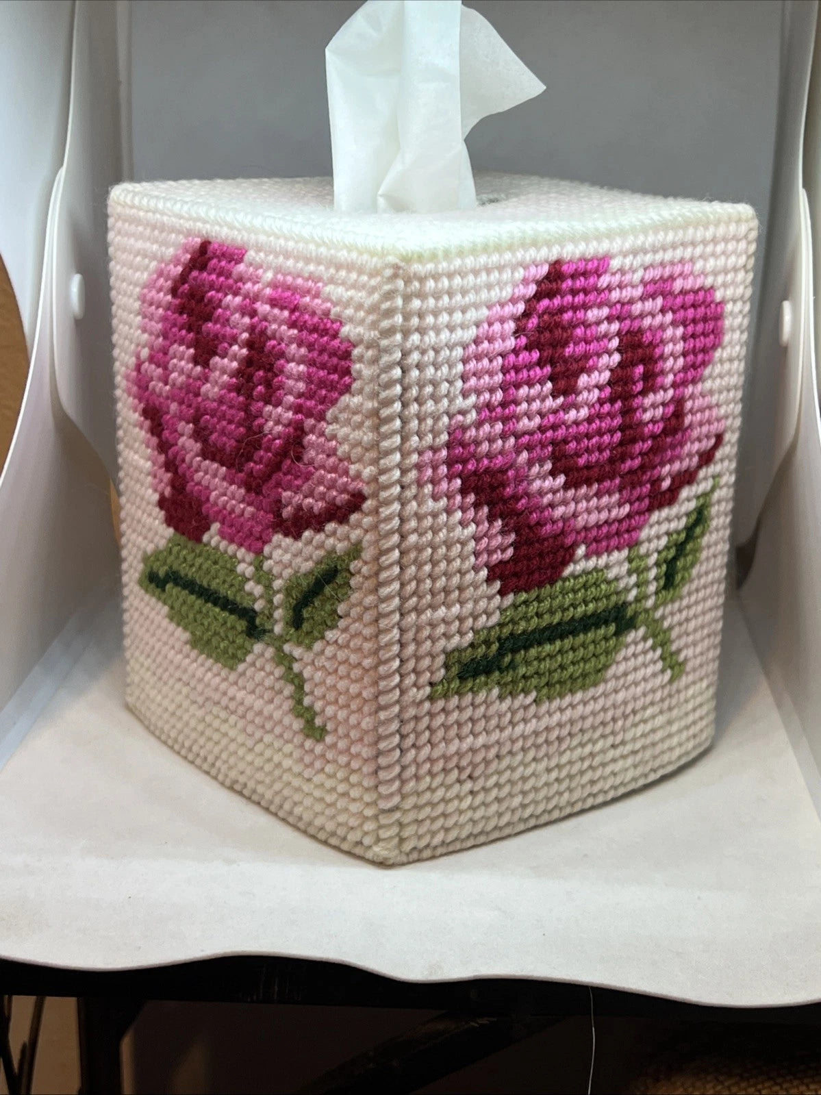 Handmade Needlepoint Pink Rose Boutique Tissue Box Cover | eBay