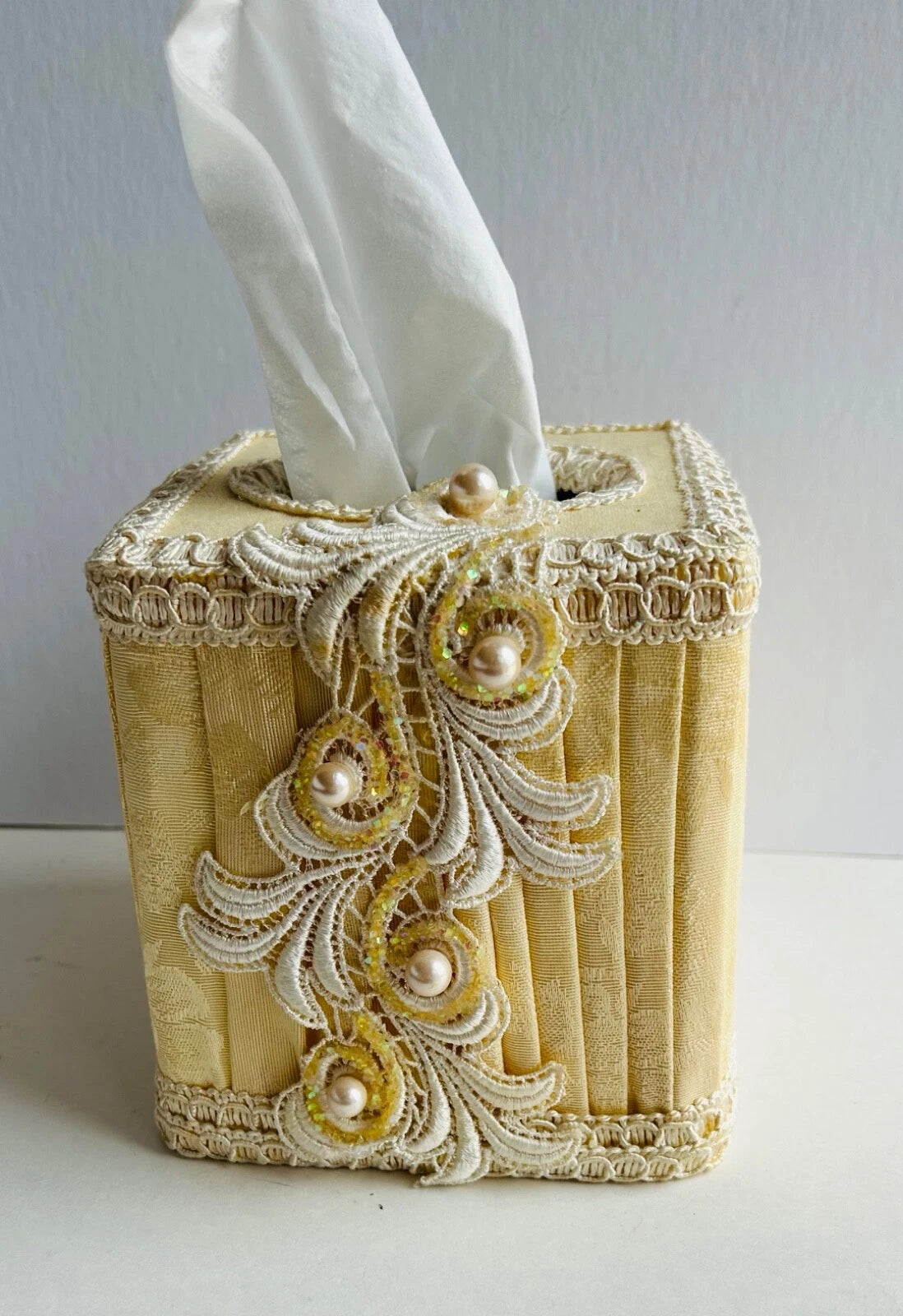 Elegant Square Tissue Box Holder Cream Yellow Fabric & Faux Pearls & Lace | eBay