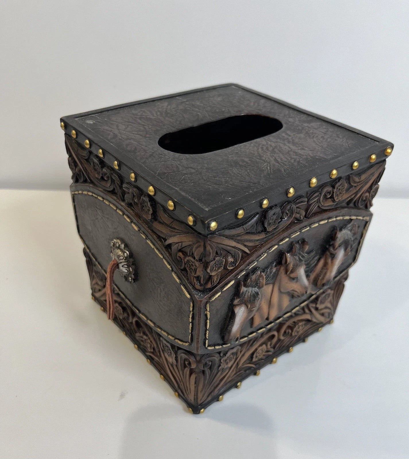 Horse Tooled Leather Tissue Box Cover Western Rustic Home Décor Resin Equestrian | eBay