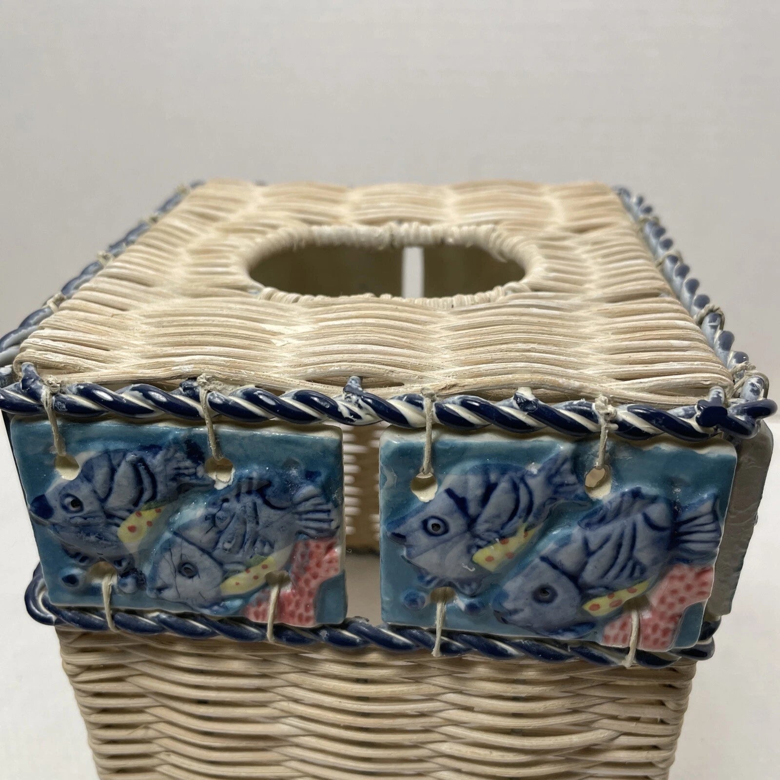 Vintage Ceramic Fish Tile Square Tissue Box Cover Woven Wicker Beach Sea Life | eBay