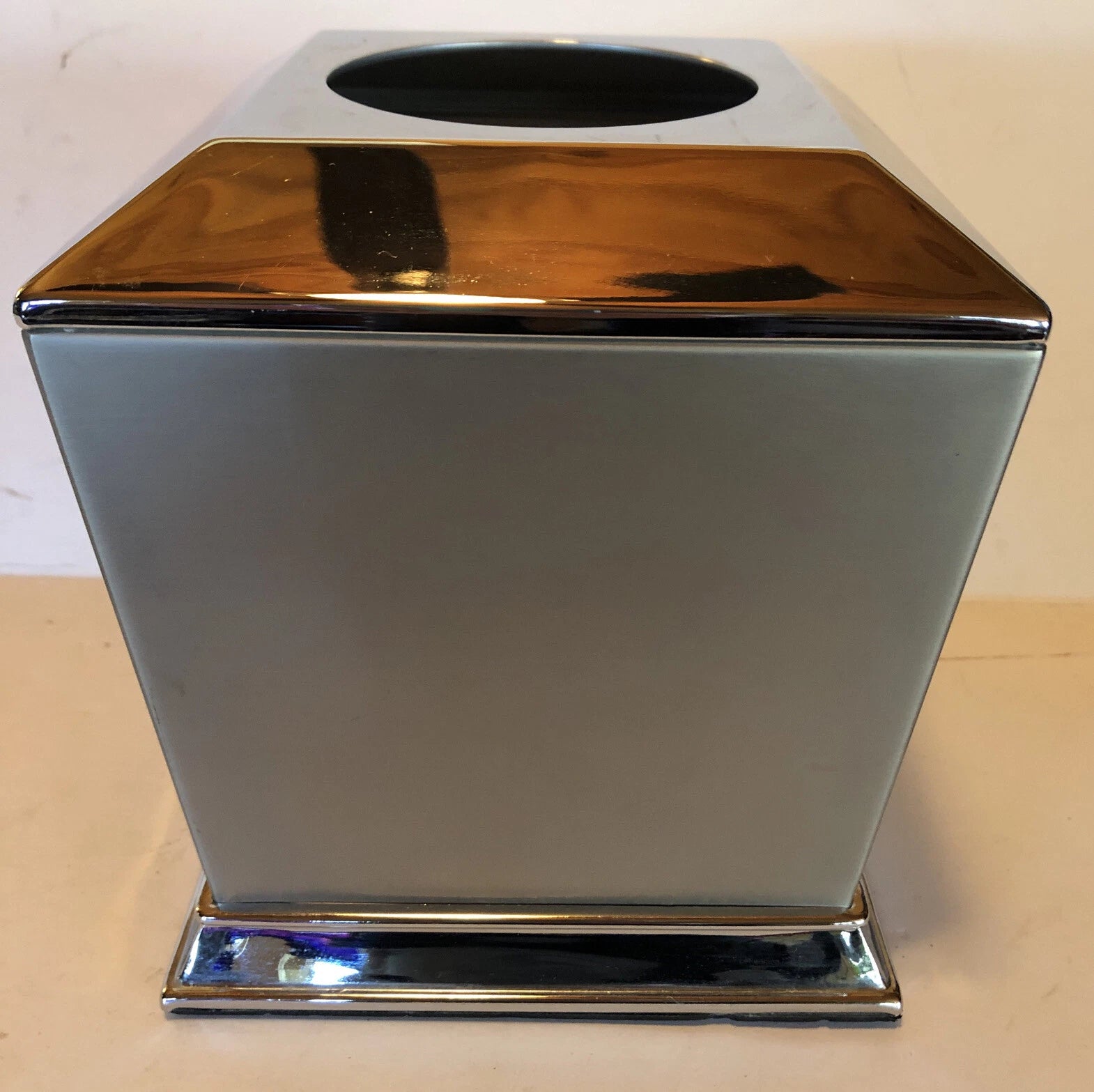 Silver Metal 6x6 Square Tissue Box Cover Matte Sides Shiny Top Trim Rubber Base | eBay