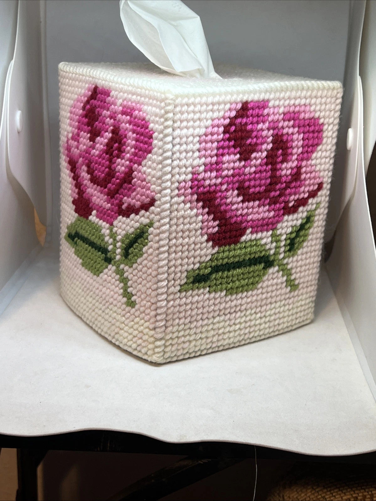 Handmade Needlepoint Pink Rose Boutique Tissue Box Cover | eBay