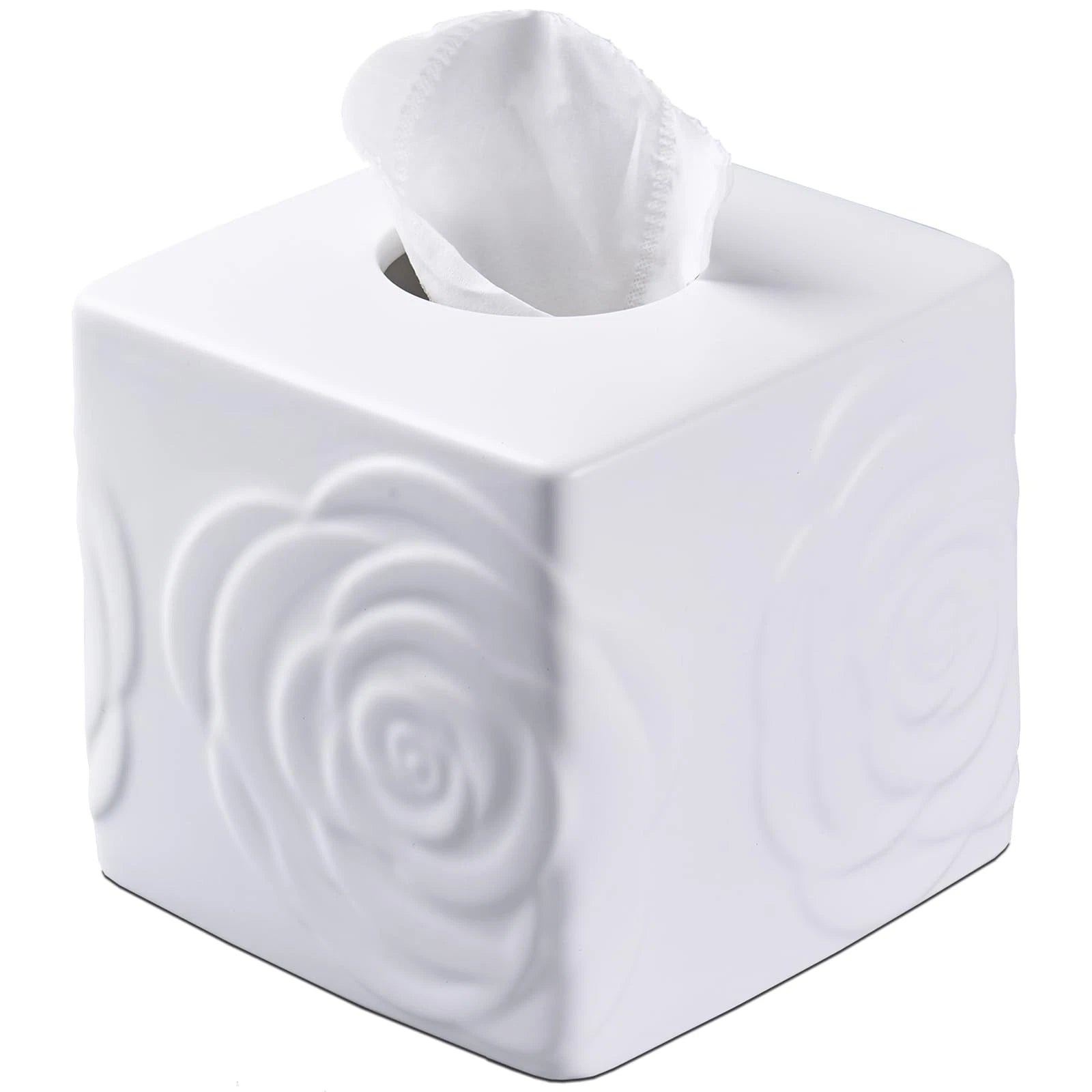 White Ceramic Rose Tissue Box Cover, Carved Flowers Large Square Tissue Box H... | eBay