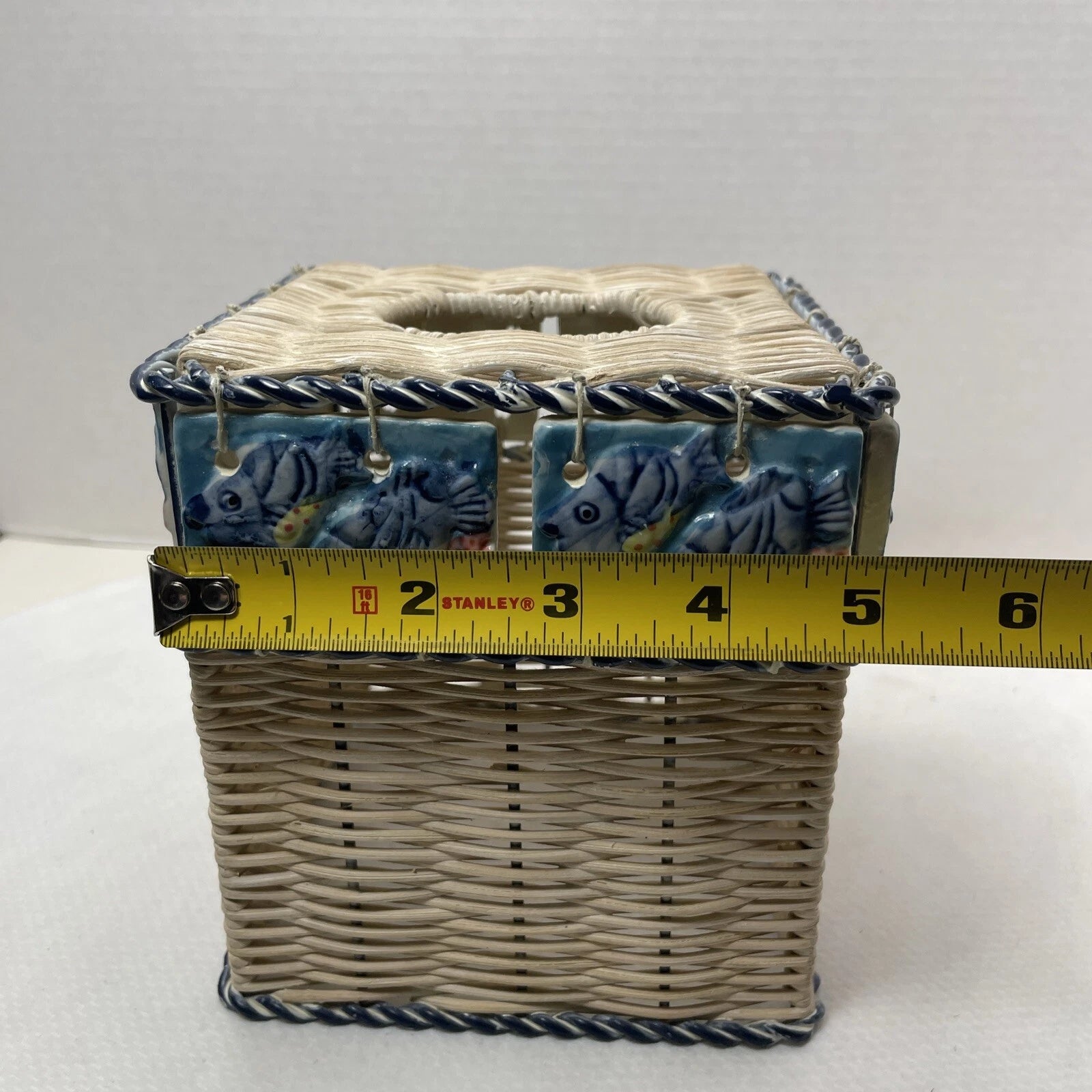 Vintage Ceramic Fish Tile Square Tissue Box Cover Woven Wicker Beach Sea Life | eBay