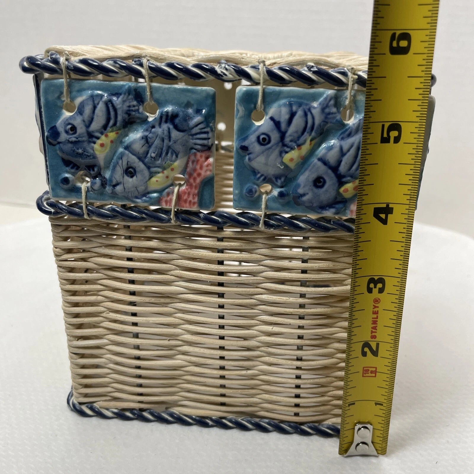 Vintage Ceramic Fish Tile Square Tissue Box Cover Woven Wicker Beach Sea Life | eBay