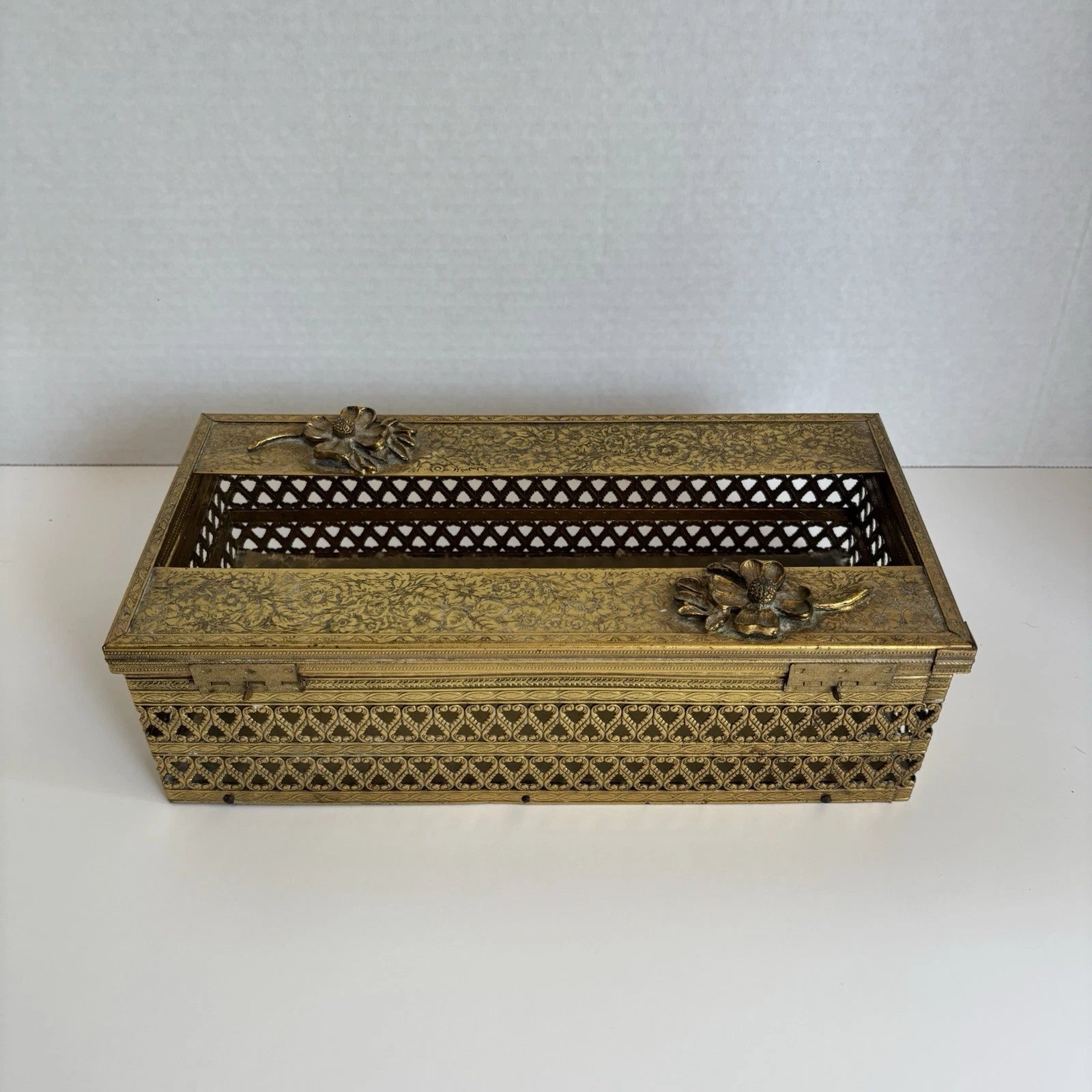 Vintage MCM Brass Tissue Box Cover Hollywood Regency Floral Filigree Goldtone | eBay