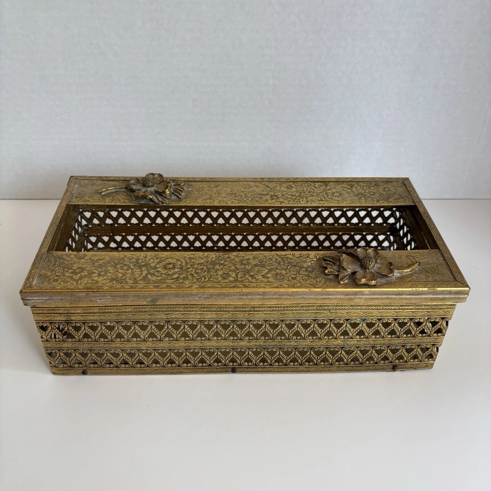 Vintage MCM Brass Tissue Box Cover Hollywood Regency Floral Filigree Goldtone | eBay