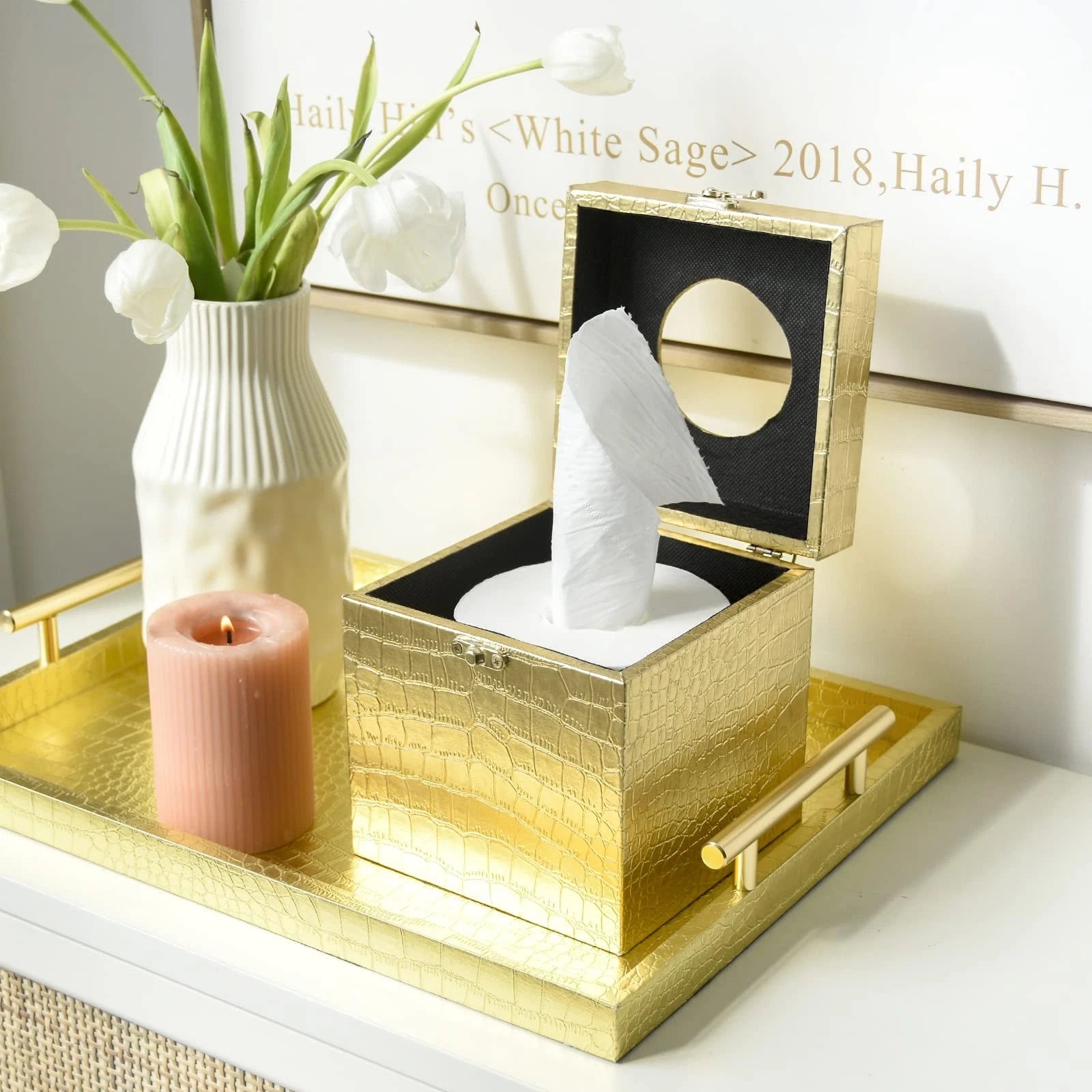 Modern Elegant Gold Tissue Box Cover Square, Gold Crocodile Leather Tissue Bo... | eBay