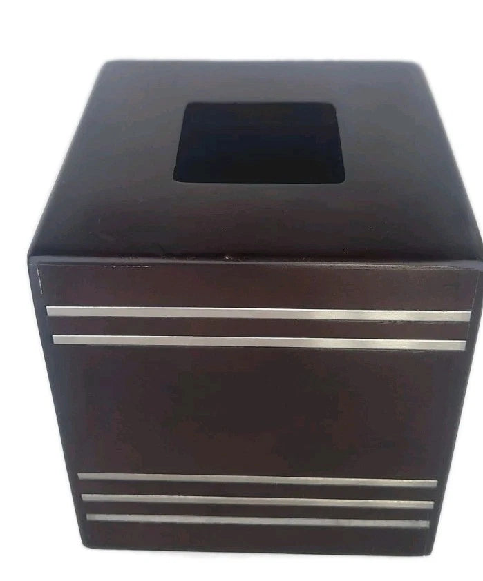 Tissue Square Box Holder Vanity Bathroom Dark Wood Brush Nickel Inlay Stripes | eBay