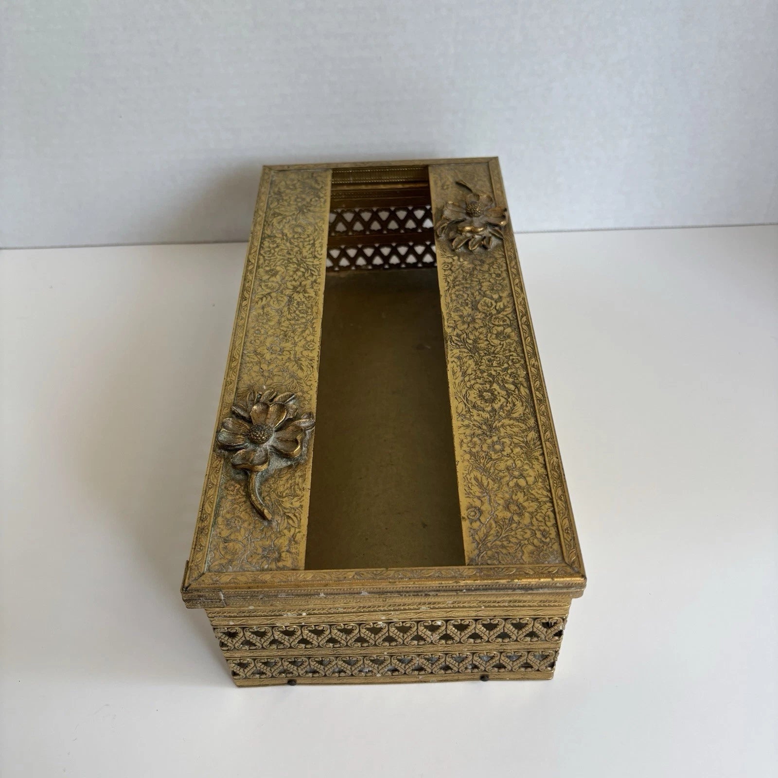 Vintage MCM Brass Tissue Box Cover Hollywood Regency Floral Filigree Goldtone | eBay