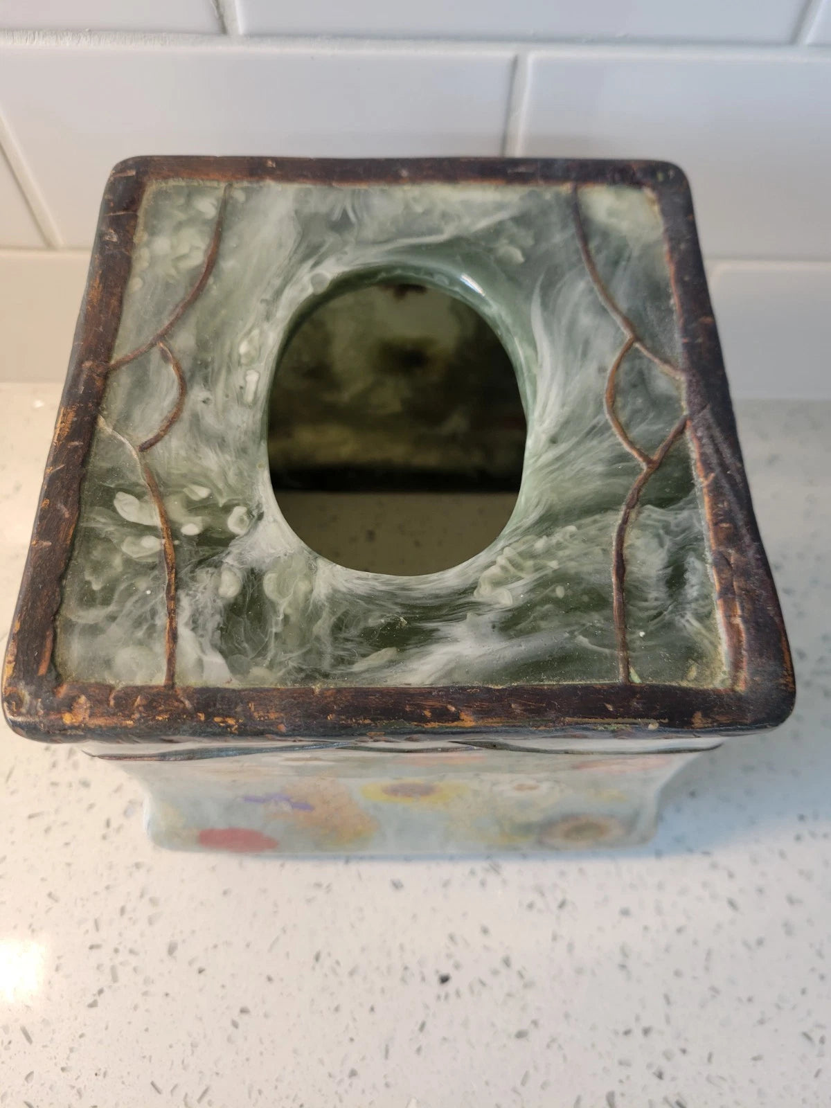vintage " fresh fields" green marbled resin with pressed flowers tissue box... | eBay