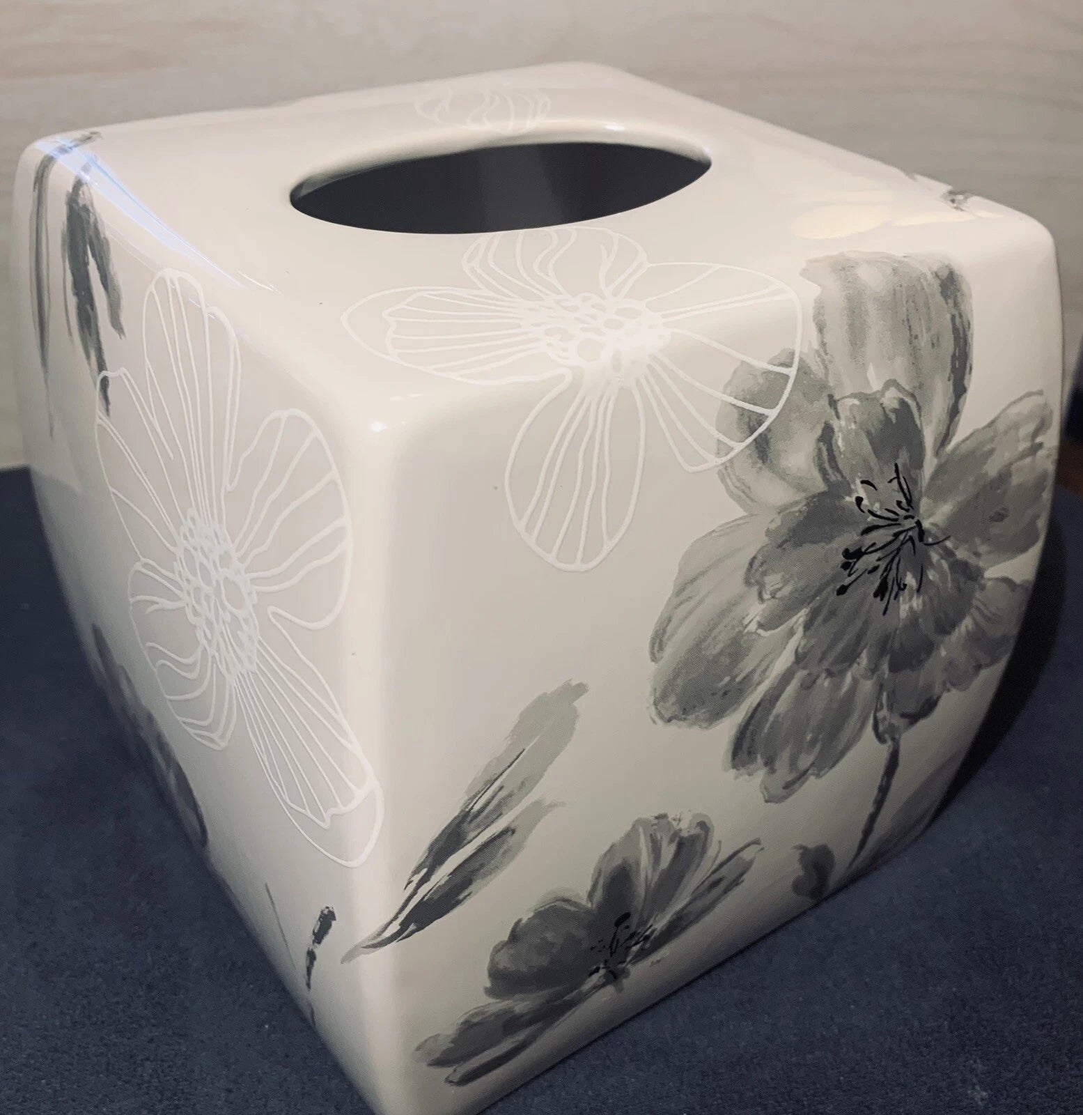 Opaline Ceramic White Gray Peonies Tissue Box Cover By Creative Bath 6” X 6” | eBay