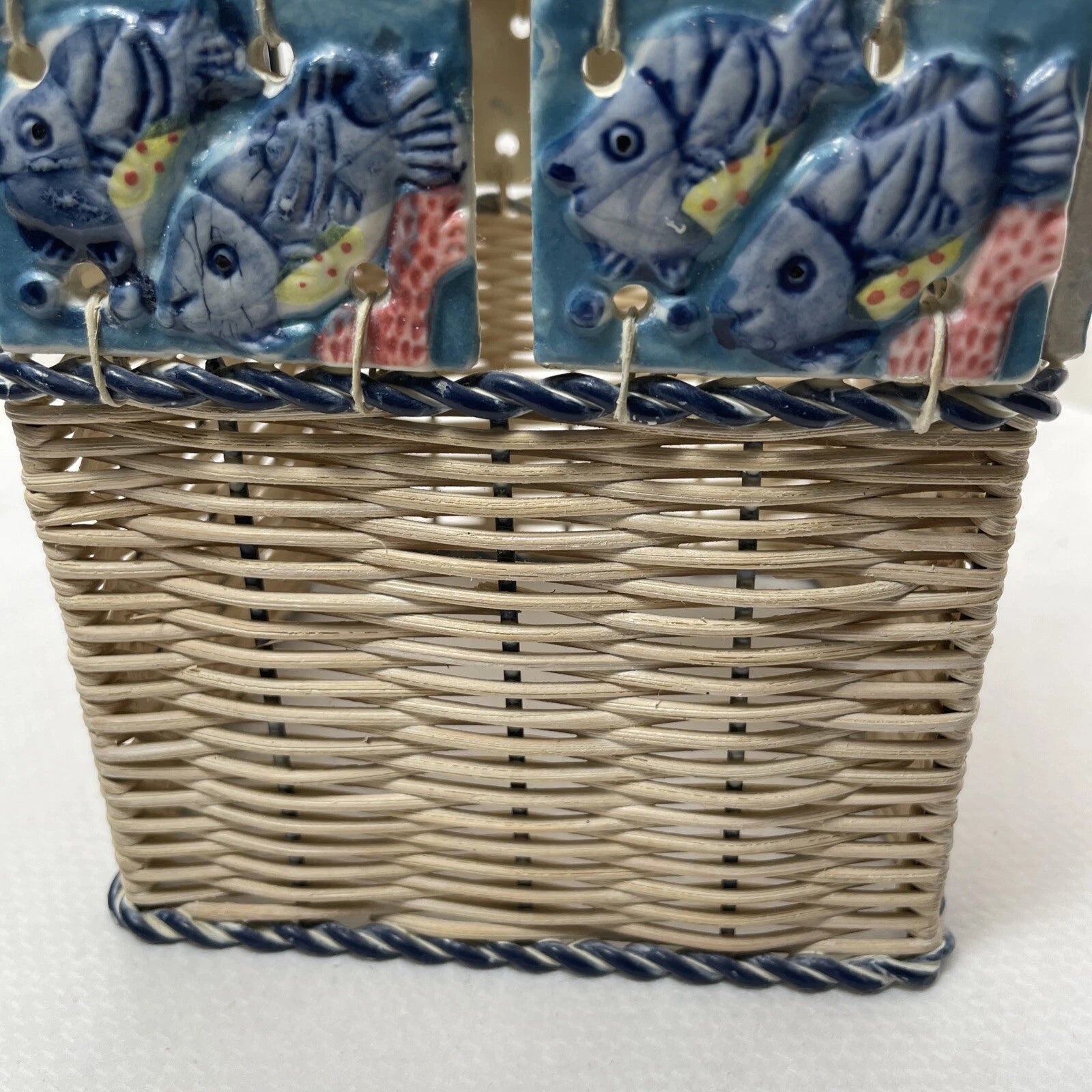 Vintage Ceramic Fish Tile Square Tissue Box Cover Woven Wicker Beach Sea Life | eBay