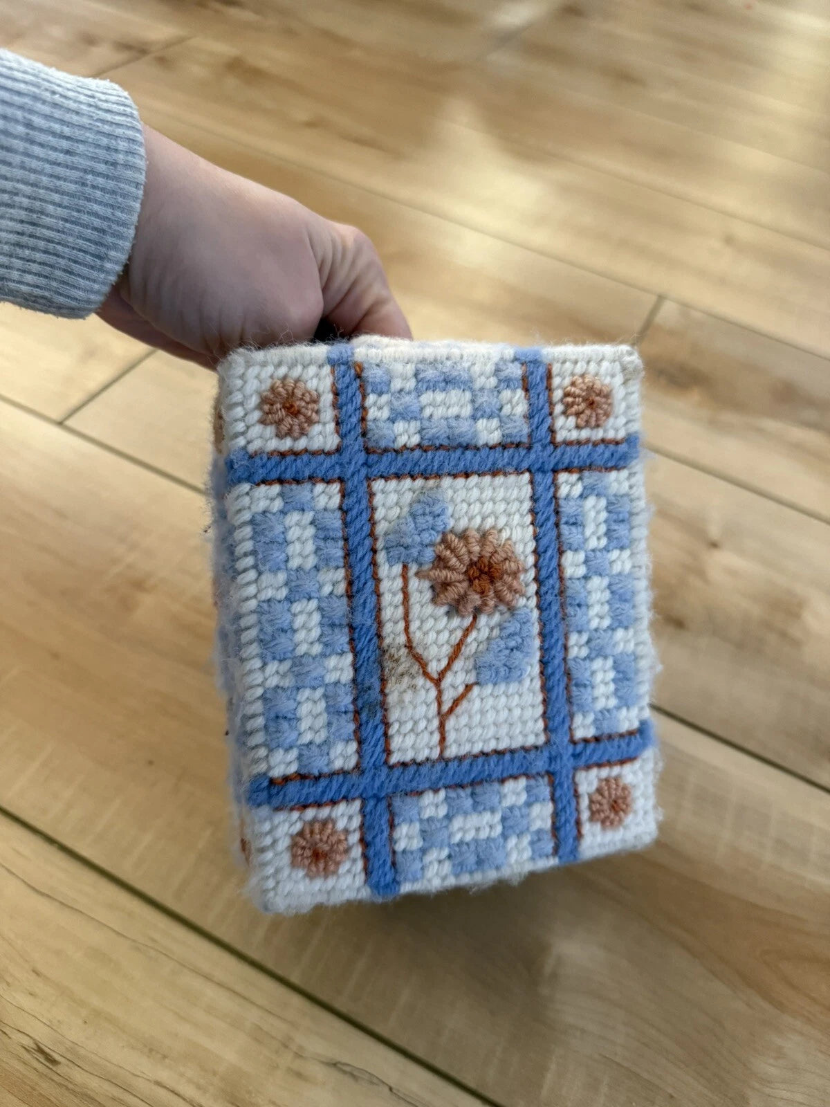 Vintage Handmade Needlepoint Pink Floral Tissue Box Cover Blue Peach Cottage | eBay