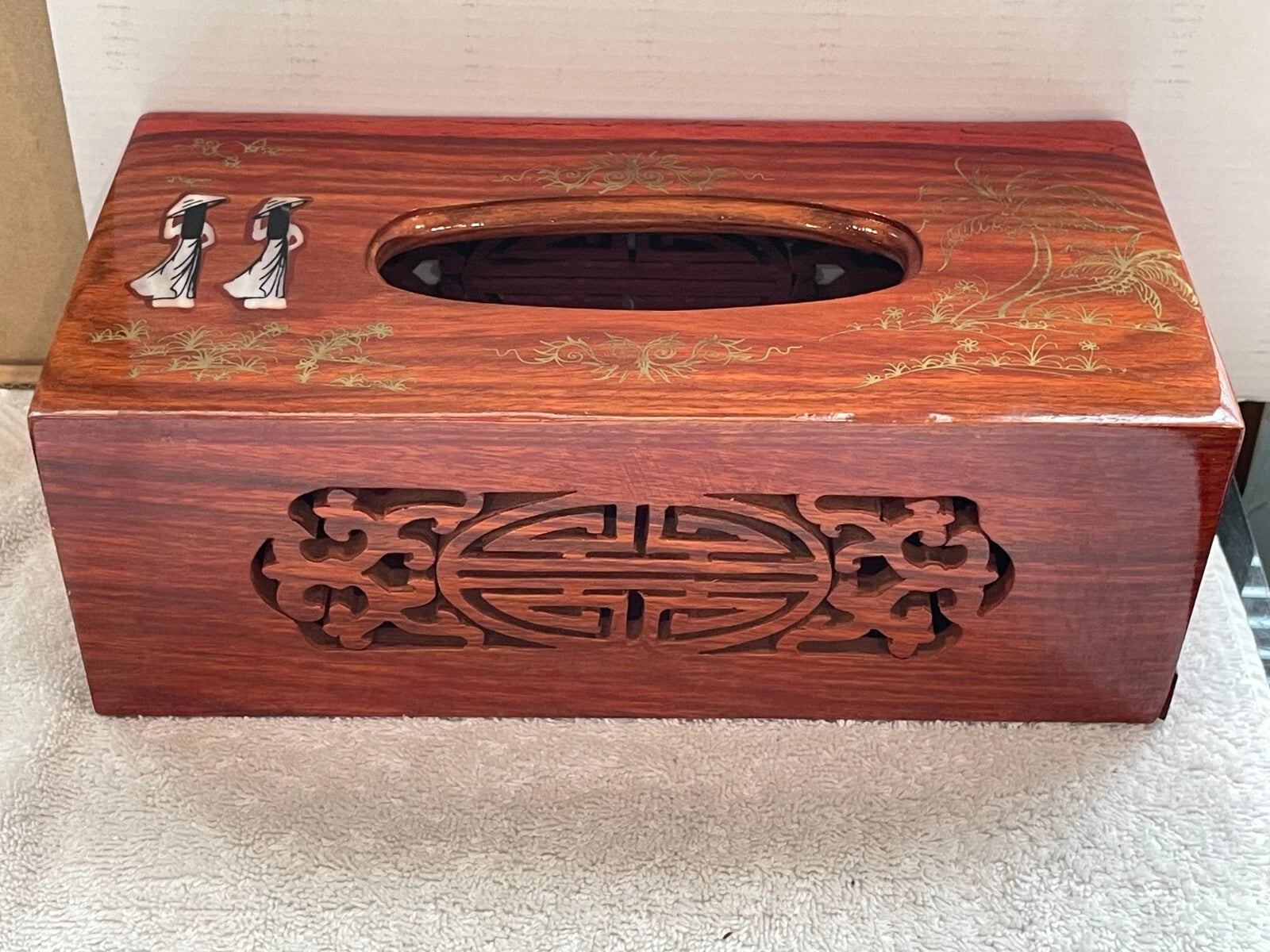VINTAGE ASIAN WOODEN HAND CARVED TISSUE BOX COVER W/ INLAY DESIGN & SLIDING TRAY | eBay