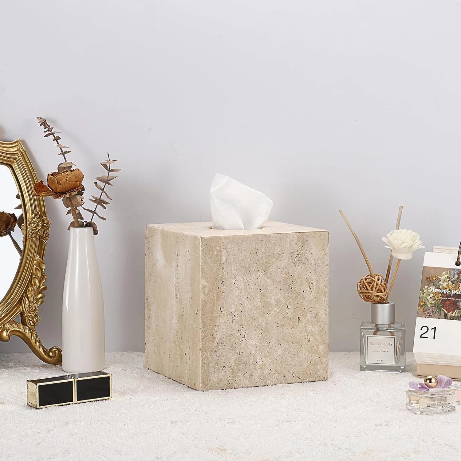 Square Tissue Box Set Natural Travertine,Tissue Holder with Cushion, Light Beige | eBay