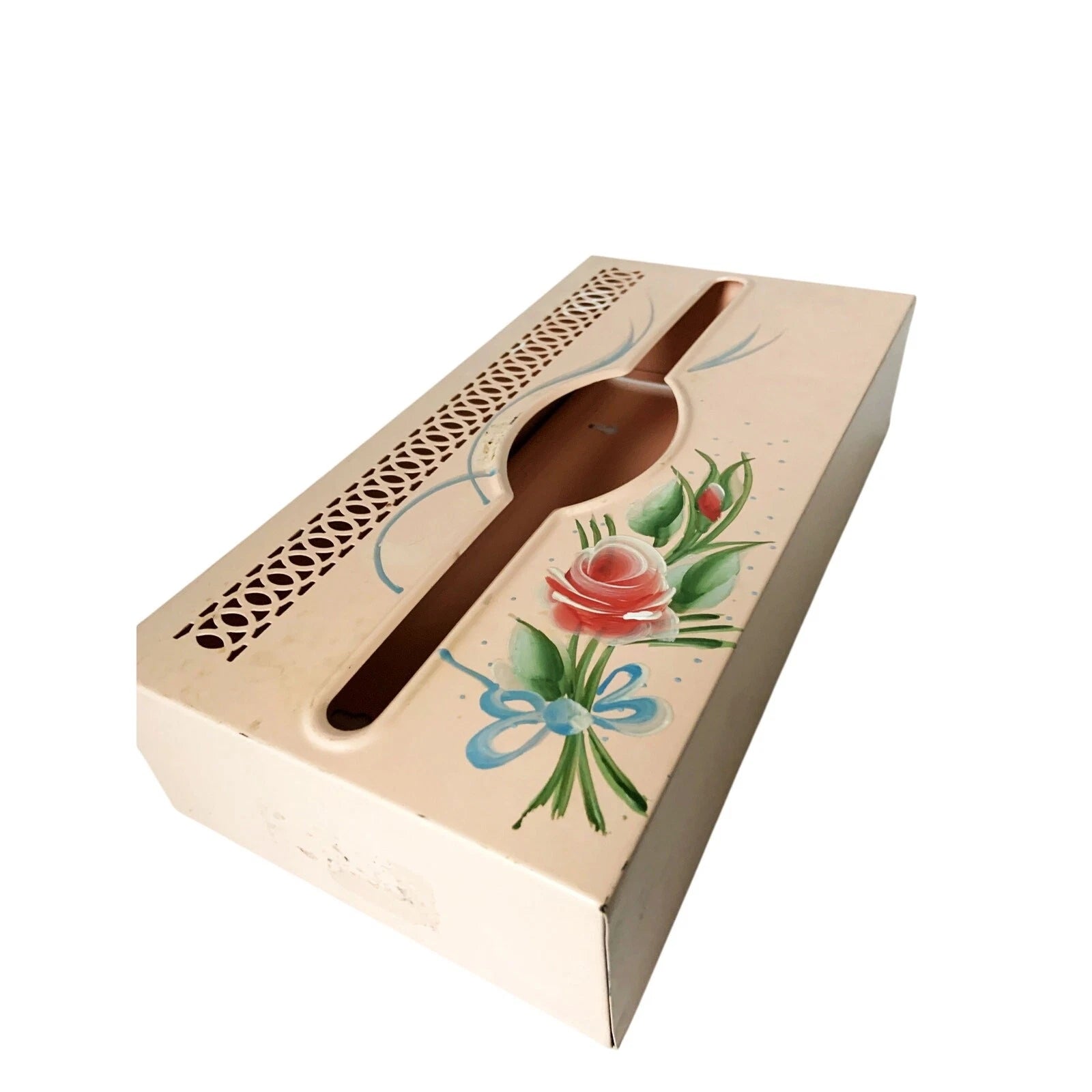 MCM Pink Tissue Box Holder Cover Hand Painted Tole Ware Metal Vanity Bath Vtg | eBay