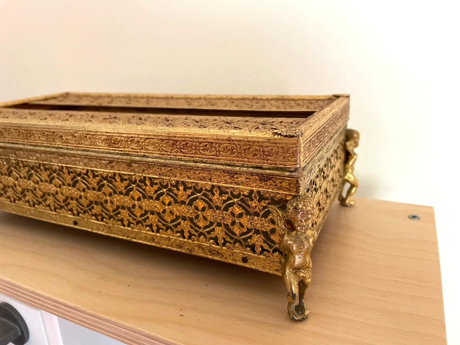 Vintage Gilt Filigree Metal Tissue Box Winged Cherub Feet Mid Century Modern | eBay