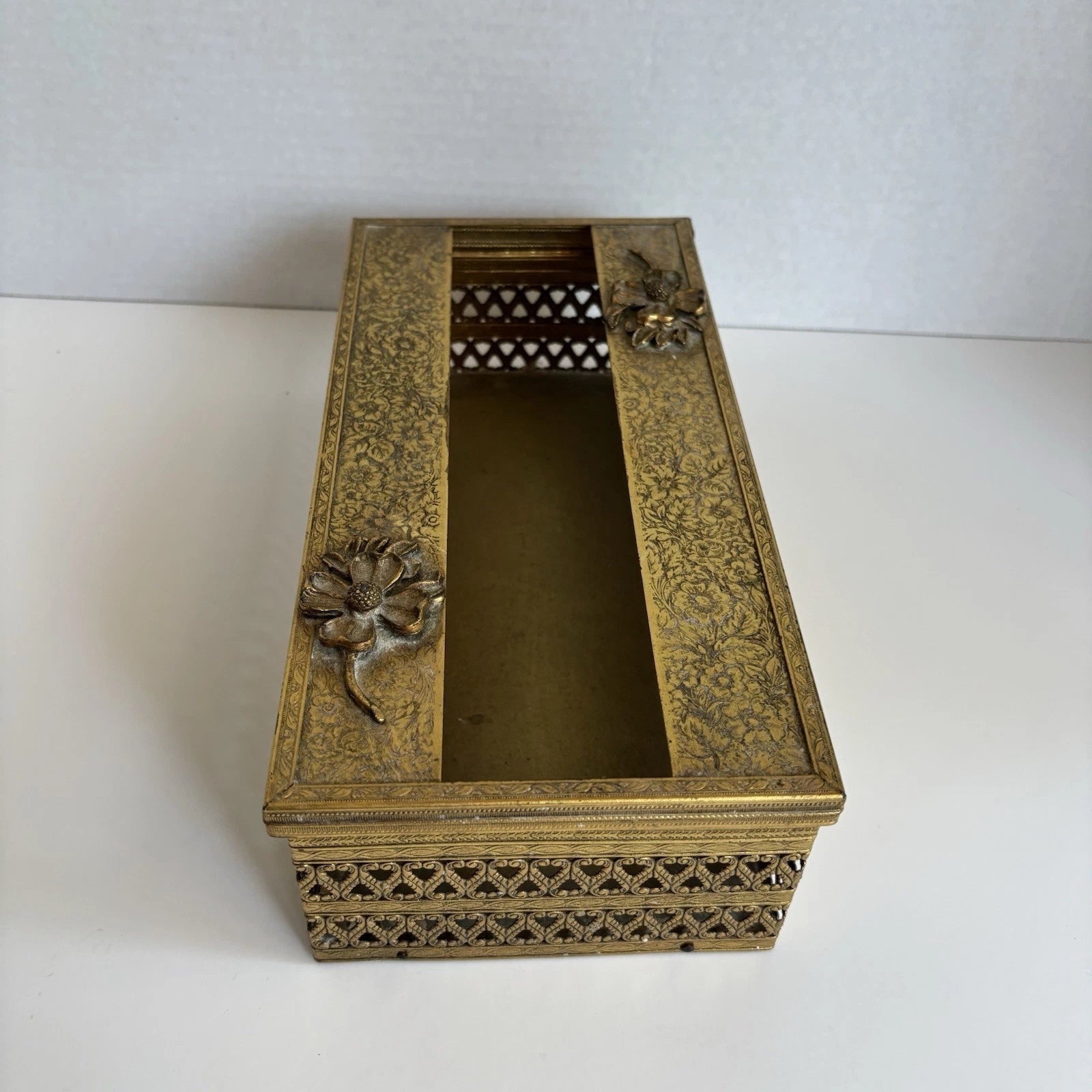 Vintage MCM Brass Tissue Box Cover Hollywood Regency Floral Filigree Goldtone | eBay