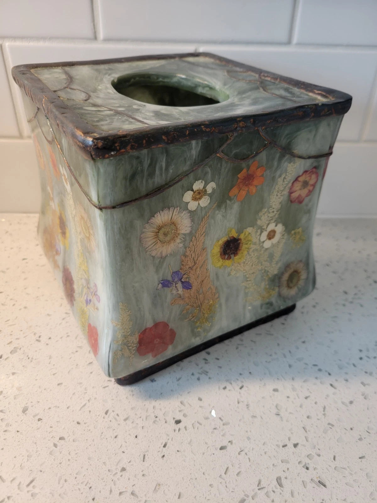 vintage " fresh fields" green marbled resin with pressed flowers tissue box... | eBay