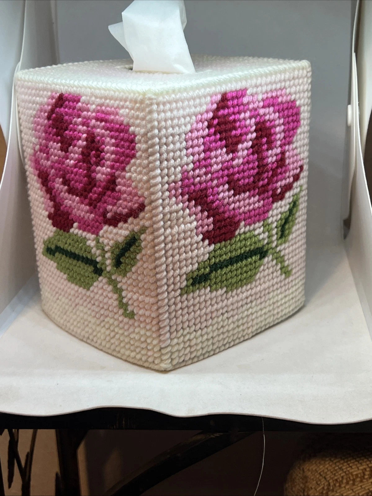 Handmade Needlepoint Pink Rose Boutique Tissue Box Cover | eBay