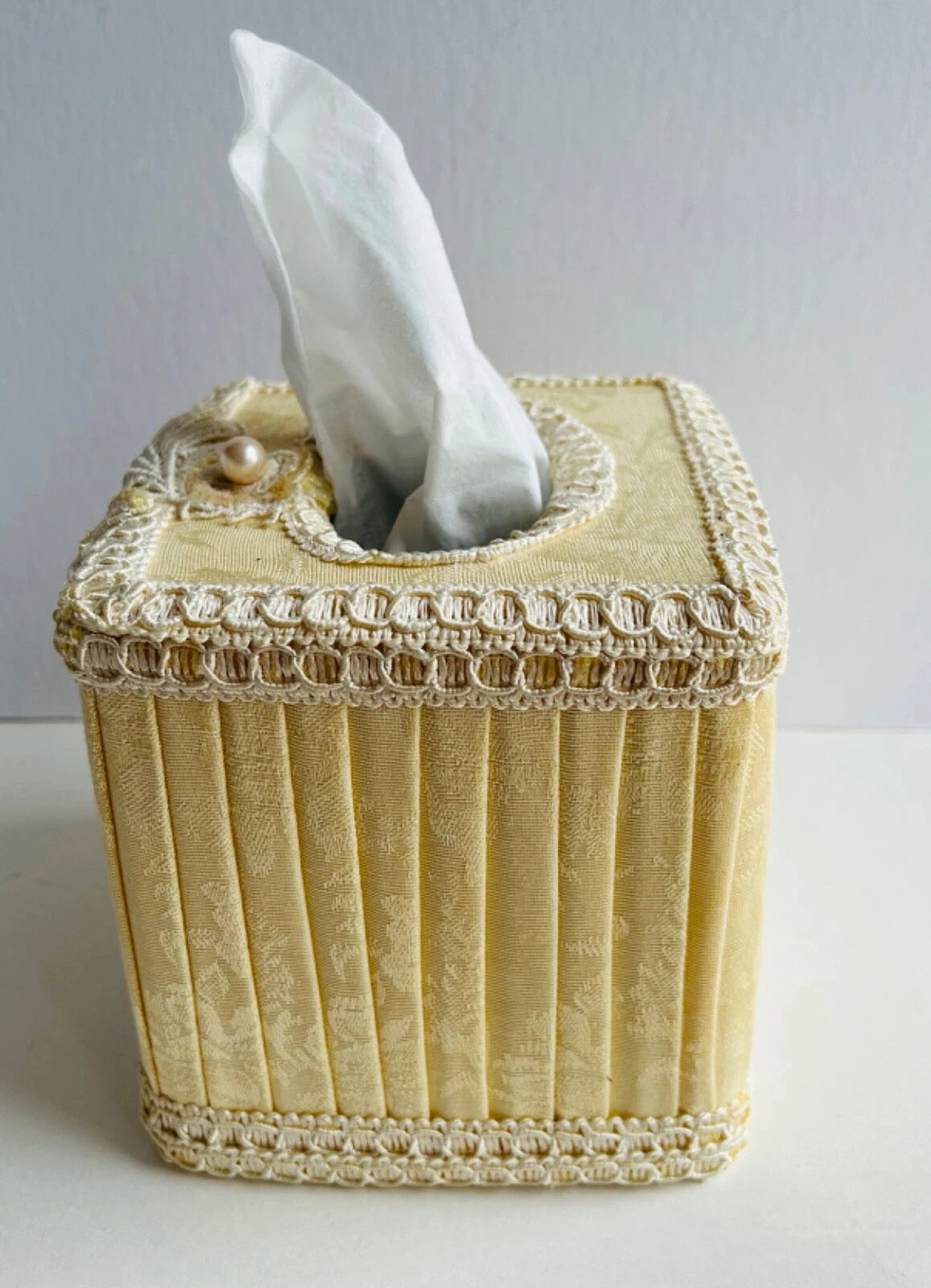 Elegant Square Tissue Box Holder Cream Yellow Fabric & Faux Pearls & Lace | eBay