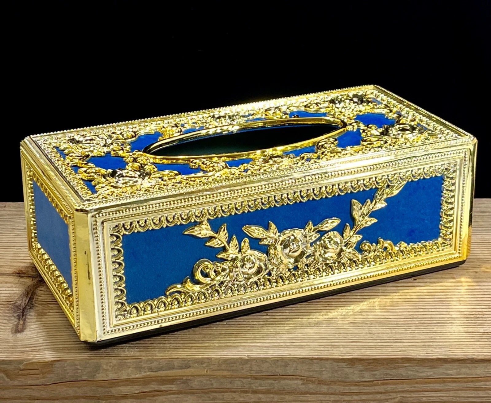 Hollywood Regency Vintage Blue & Gold Repousse Ornate Rose Tissue Box Cover | eBay