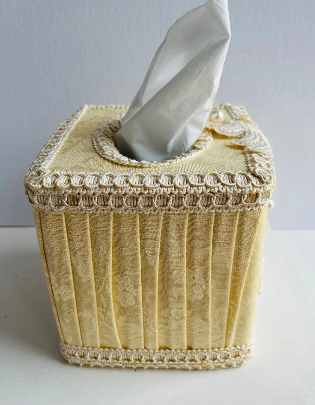 Elegant Square Tissue Box Holder Cream Yellow Fabric & Faux Pearls & Lace | eBay