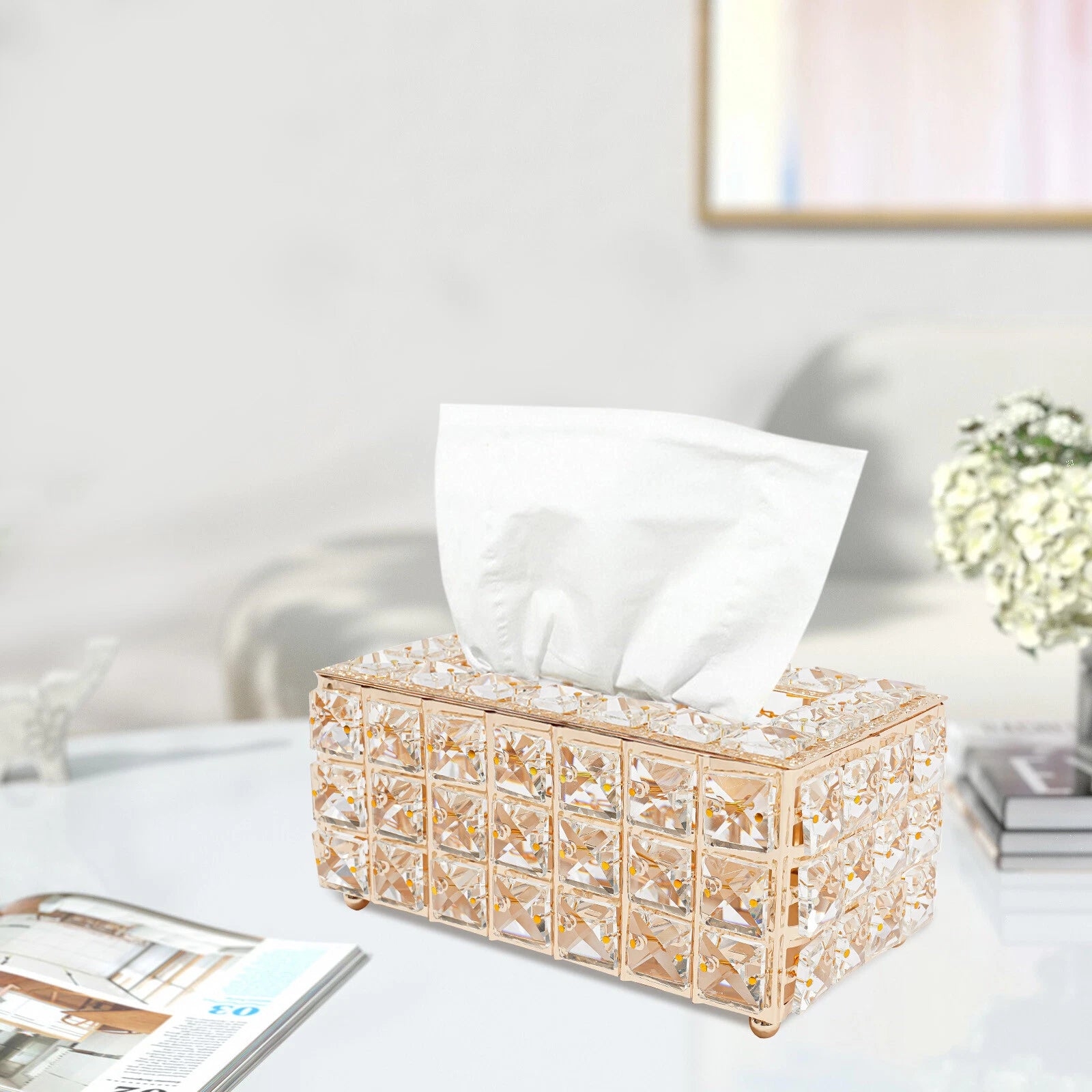 Tabletop Crystal Tissue Box Gold Paper Box Home Crystal Napkin Holder Round Pad | eBay
