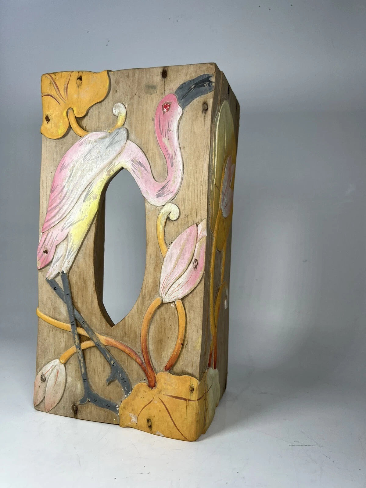 Tissue Box Hand Made Wood Carved Painted Flamingo vintage Floral Bird Tissue | eBay