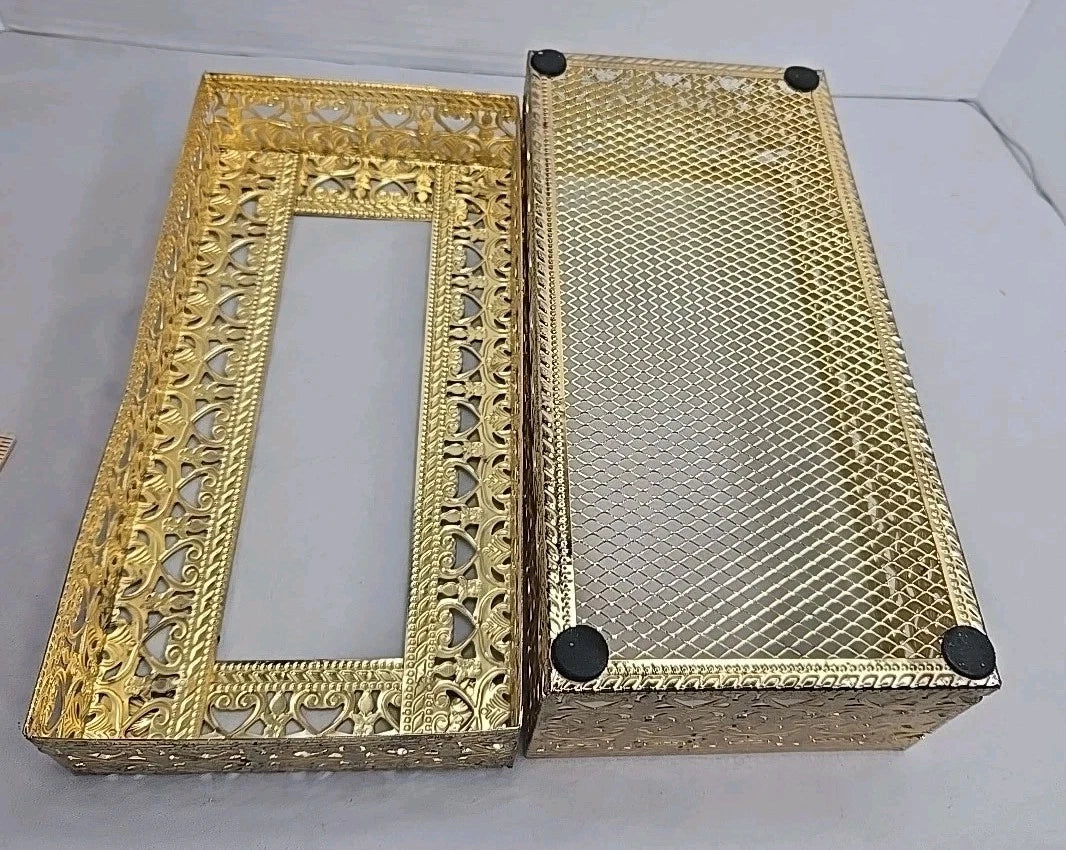 Vintage Hollywood Regency Brass Tissue Box Cover Ornate Filigree Mesh Lid Vanity | eBay