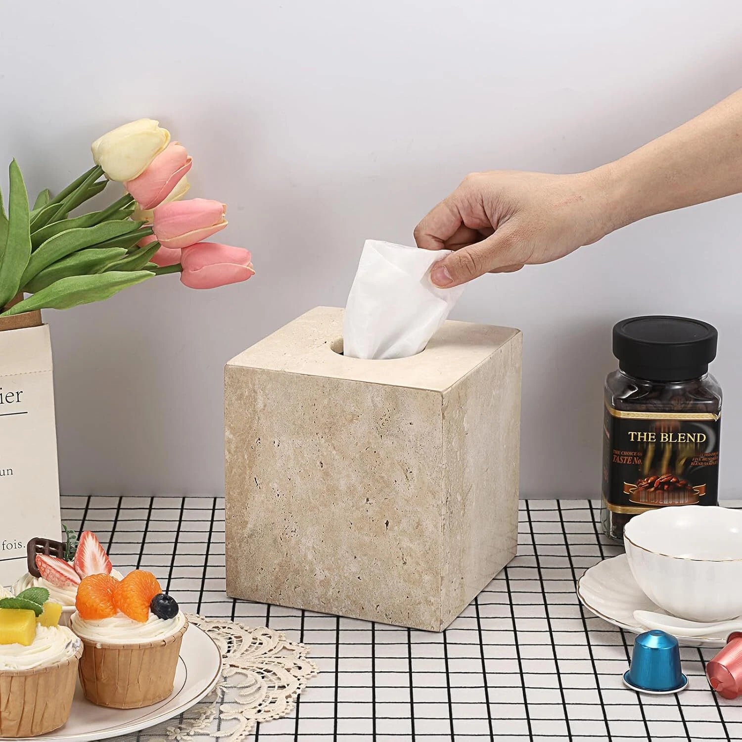 Square Tissue Box Set Natural Travertine,Tissue Holder with Cushion, Light Beige | eBay