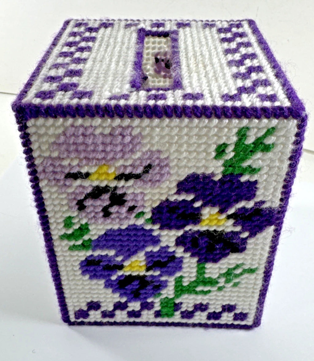 Vtg ESTATE Handmade Needlepoint Pansy's Floral Tissue Box Cover NICE! | eBay