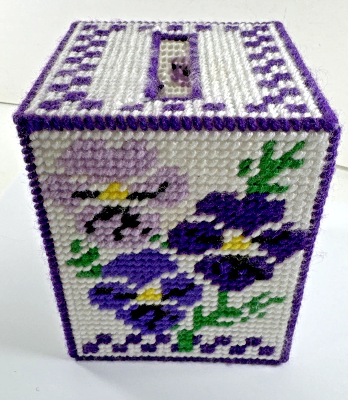 Vtg ESTATE Handmade Needlepoint Pansy's Floral Tissue Box Cover NICE! | eBay