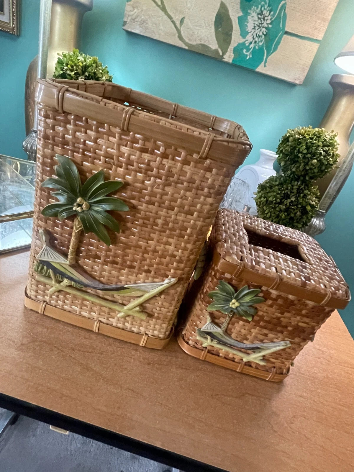 Wicker/Rattan Tropical Decor, Tissue Box /Box, Palm Tree & Hammock, Boho | eBay