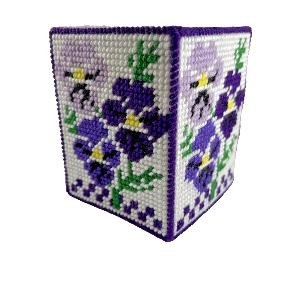 Vtg ESTATE Handmade Needlepoint Pansy's Floral Tissue Box Cover NICE! | eBay