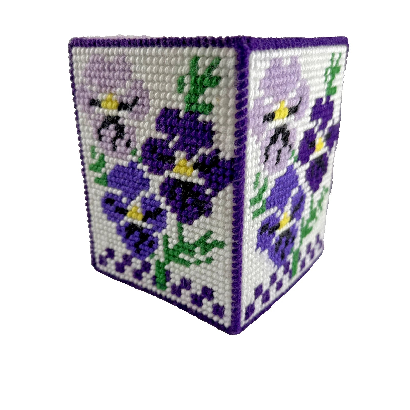 Vtg ESTATE Handmade Needlepoint Pansy's Floral Tissue Box Cover NICE! | eBay
