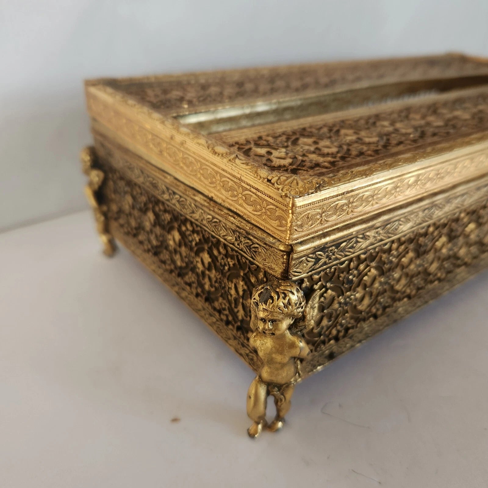 1940's Hollywood Regency Tissue Box Holder Cherub Feet Brass Filigree Gold Tone | eBay
