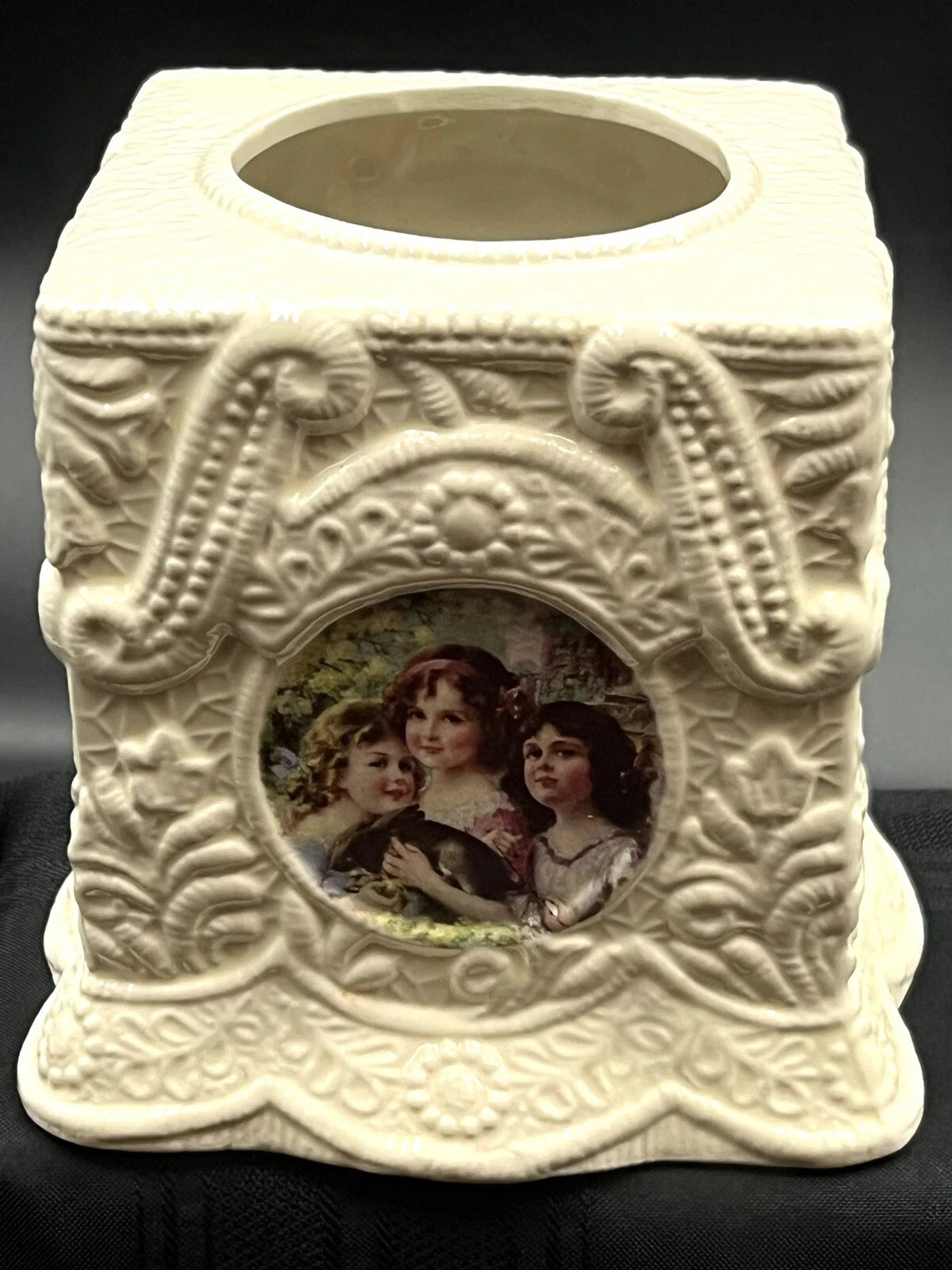 Vintage Ivory Ceramic Hand Painted Tissue Box Holder Victorian Ladies | eBay