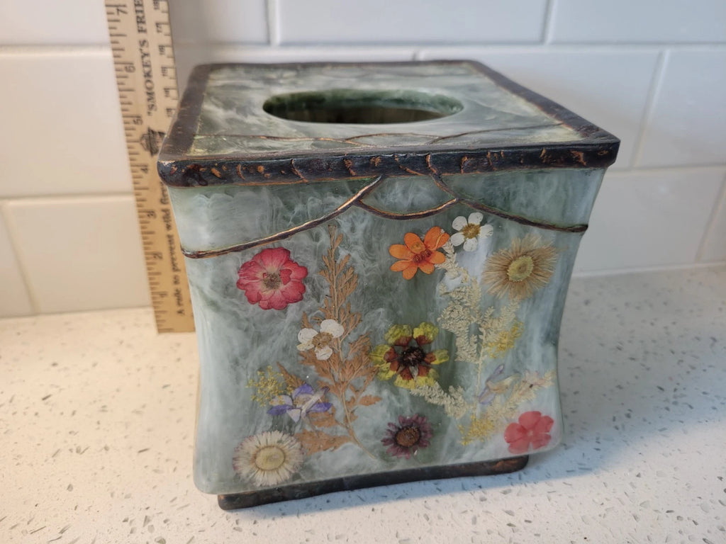 vintage " fresh fields" green marbled resin with pressed flowers tissue box... | eBay