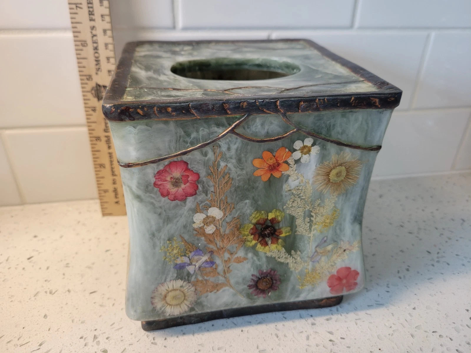 vintage " fresh fields" green marbled resin with pressed flowers tissue box... | eBay