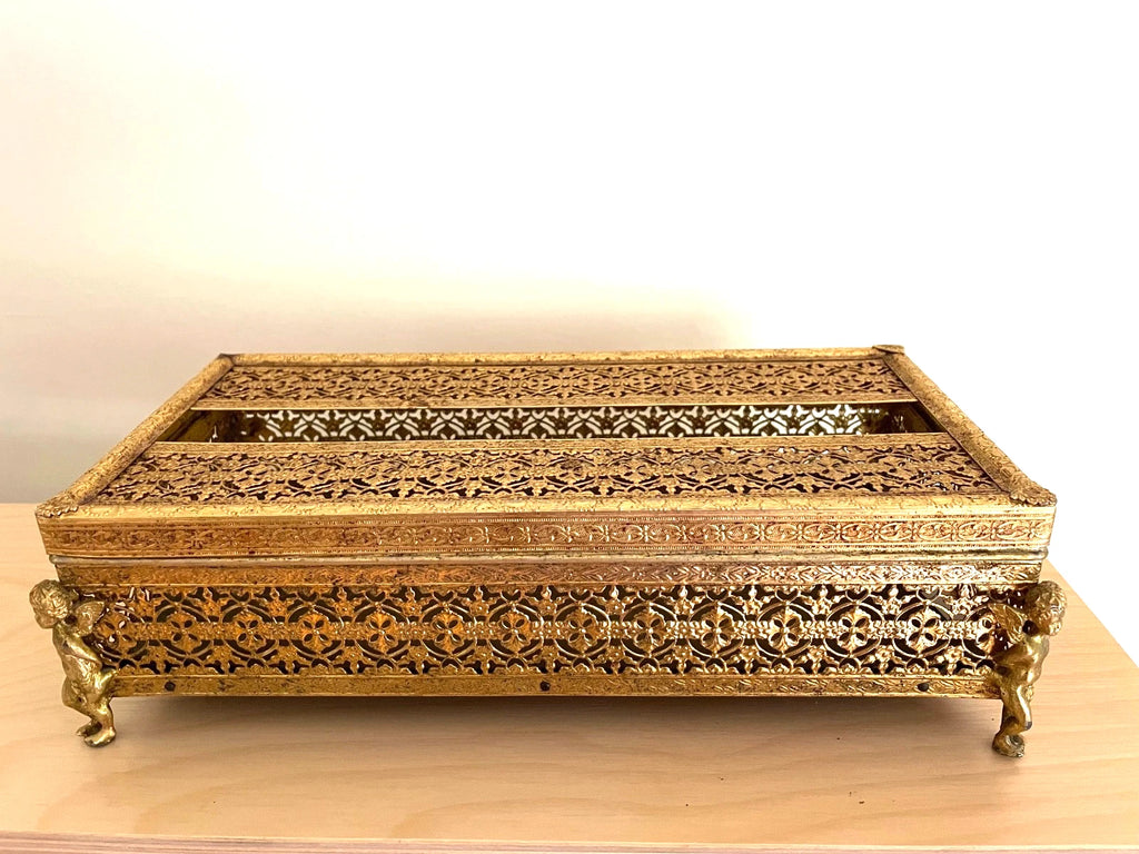 Vintage Gilt Filigree Metal Tissue Box Winged Cherub Feet Mid Century Modern | eBay
