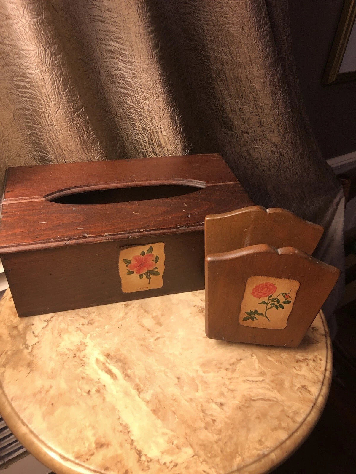Wooden Napkin and Tissue Box with Floral Decals VTG | eBay