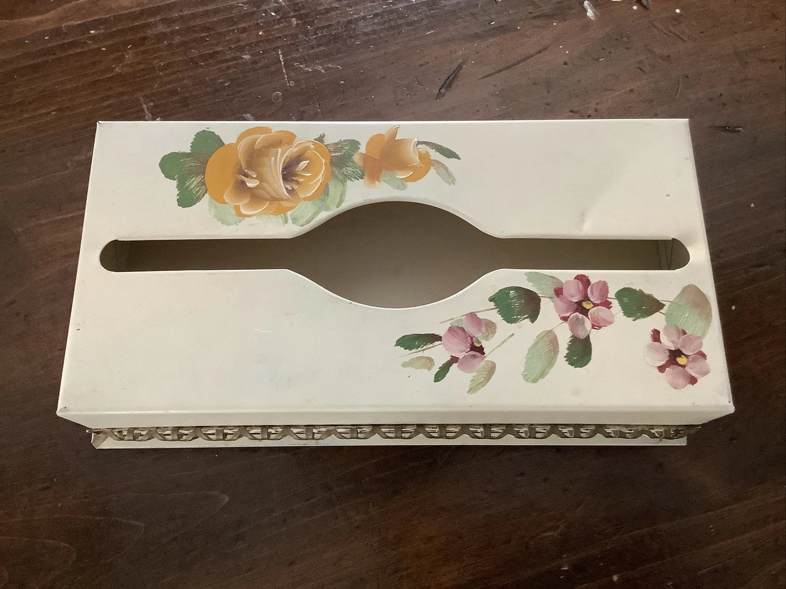 Vintage SHABBY Chic Metal TISSUE Box Holder Cover Hand Painted Flower | eBay