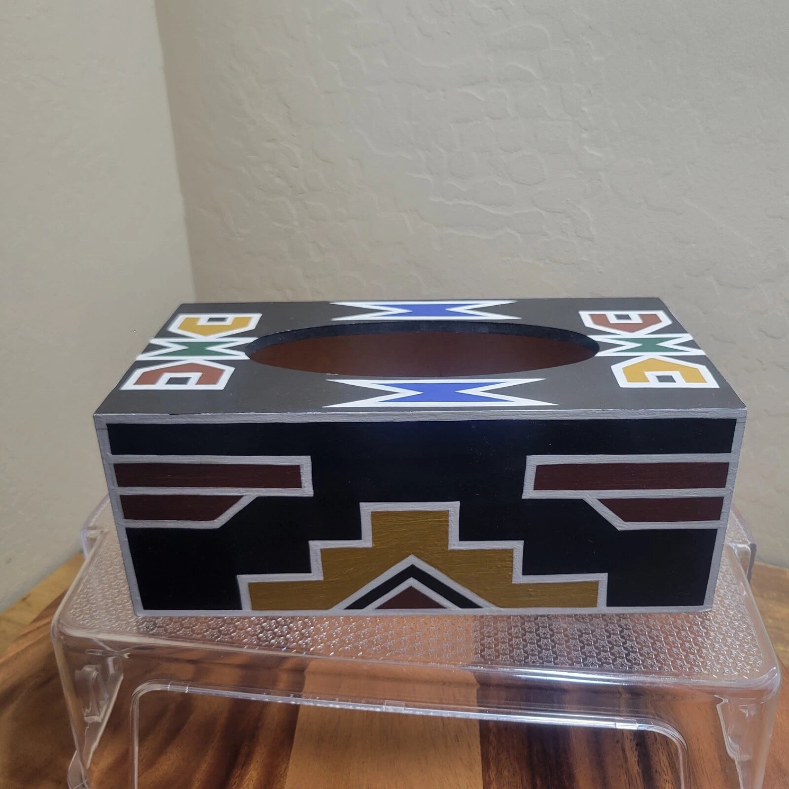 Wooden Tissue Box Cover Hand Painted Geometric Mission Style Southwest | eBay