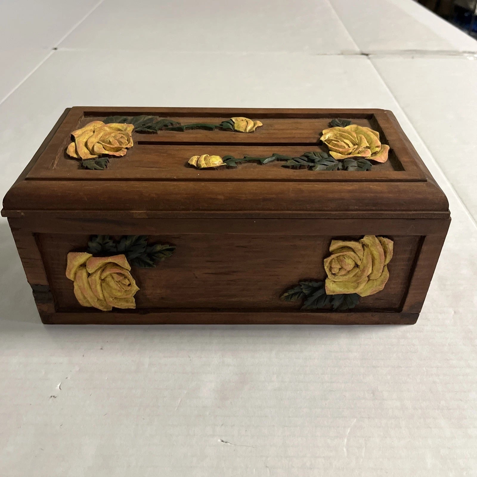 Vintage Hand Carved Wooden Tissue Box Holder Box Yellow Floral Boho Hippie | eBay