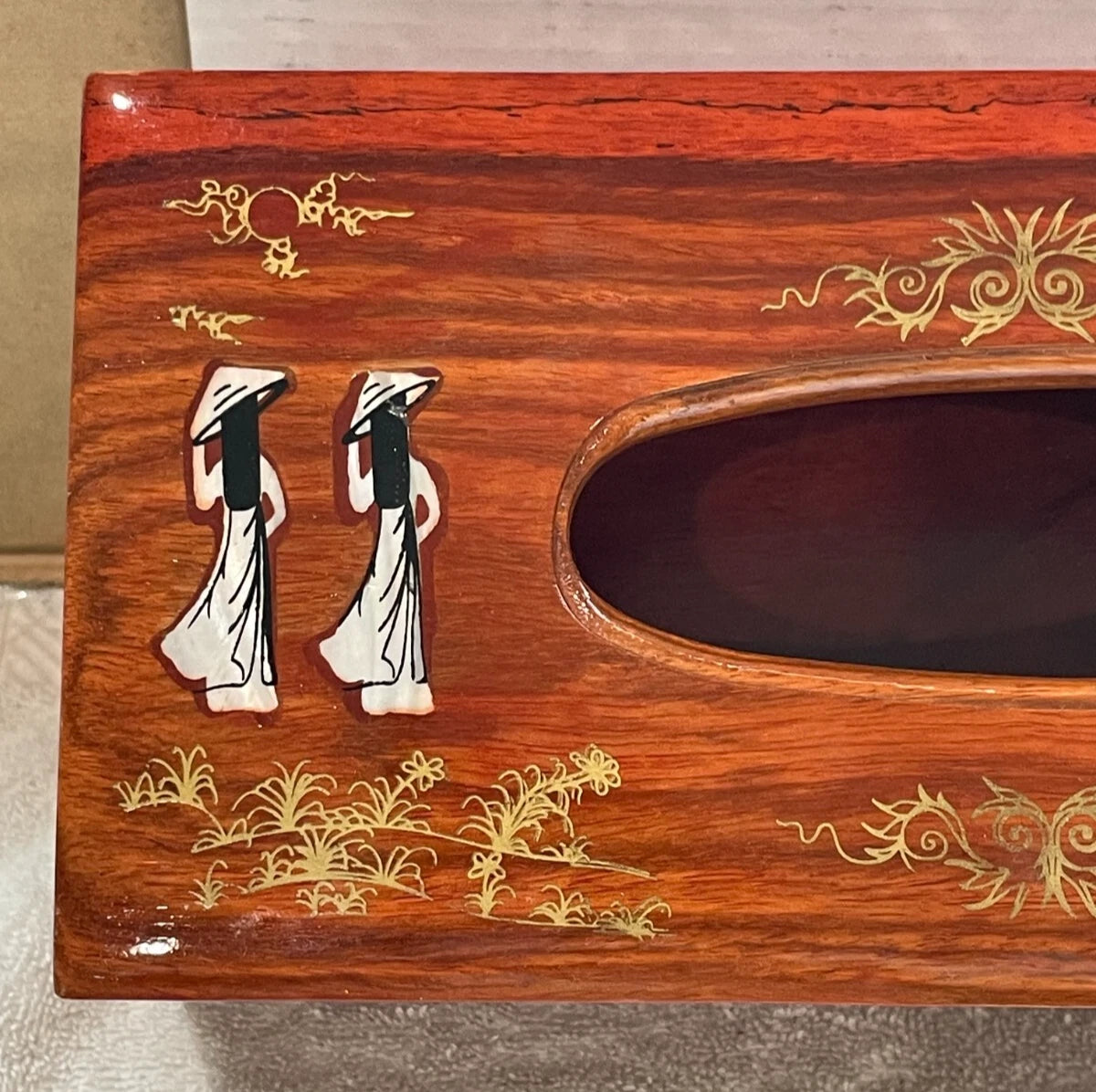 VINTAGE ASIAN WOODEN HAND CARVED TISSUE BOX COVER W/ INLAY DESIGN & SLIDING TRAY | eBay